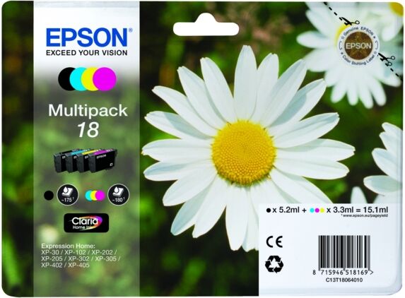 Epson Original Epson Expression Home XP-102 Tintenpatrone (18 / C 13 T 18064012) multicolor Multipack (4 St.), Inhalt: 175pg + 3x180pg, 1x 5ml + 3x 3ml