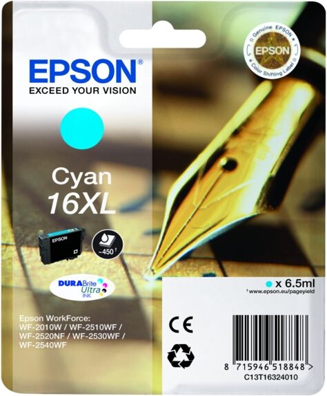 Epson Original Epson WorkForce WF-2540 WF Tintenpatrone (16XL / C 13 T 16324012) cyan, 450 Seiten, 3,76 Rp pro Seite, Inhalt: 6 ml