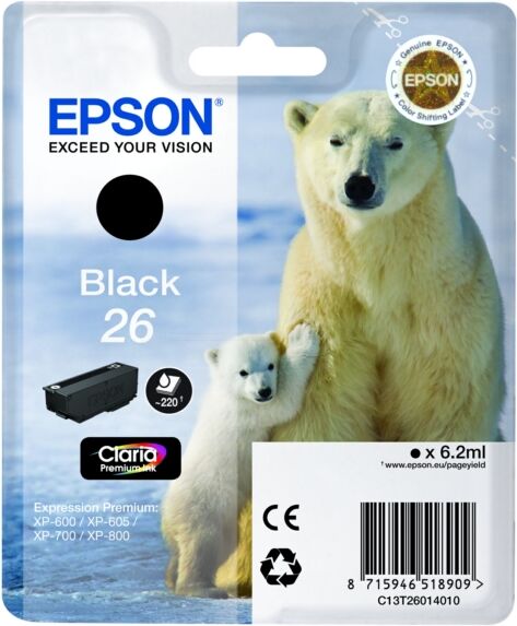 Epson Original Epson Expression Premium XP-700 Tintenpatrone (26 / C 13 T 26014012) schwarz, 220 Seiten, 6,41 Rp pro Seite, Inhalt: 6 ml