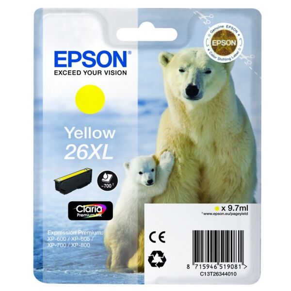Epson Original Epson Expression Premium XP-600 Tintenpatrone (26XL / C 13 T 26344022) gelb, 700 Seiten, 3,08 Rp pro Seite, Inhalt: 9 ml