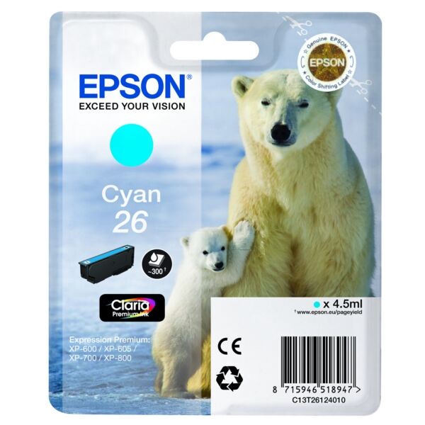 Epson Original Epson Expression Premium XP-700 Tintenpatrone (26 / C 13 T 26124012) cyan, 300 Seiten, 4,15 Rp pro Seite, Inhalt: 4 ml