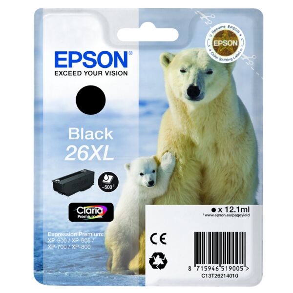 Epson Original Epson Expression Premium XP-610 Tintenpatrone (26XL / C 13 T 26214012) schwarz, 500 Seiten, 4,44 Rp pro Seite, Inhalt: 12 ml