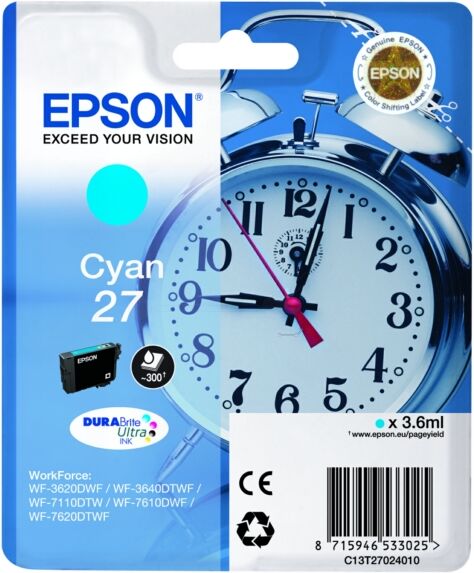 Epson Original Epson WorkForce WF-3620 DWF Tintenpatrone (27 / C 13 T 27024012) cyan, 300 Seiten, 3,55 Rp pro Seite, Inhalt: 3 ml