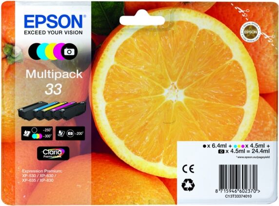 Epson Original Epson Expression Premium XP-640 Series Tintenpatrone (33 / C 13 T 33374011) multicolor Multipack (5 St.), Inhalt: 6,4ml+4x4,5ml