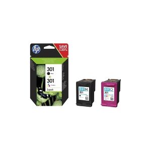 HP 301 - 2 pakker - sort, farve (cyan, magenta, gul) - original - blækpatron - for Deskjet 1050A J410, 1051A J410, 10XX, 10XX J410, 15XX, 2000, 2050 J510, 2050A J510, 2054A J510, 25XX, 3000, 3050 J610, 3050A J611, 3052A J611, 3054A J611, 3055A J611, 3057A