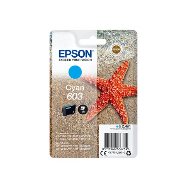 Epson 603 C blækpatron - C13T03U24010 Original - Cyan 2,4 ml