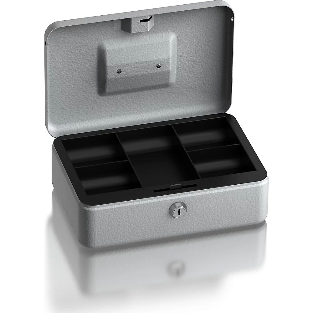 eurokraft basic Caja monedero, inserto de plástico con cinco compartimentos para monedas, H x A x P 90 x 255 x 180 mm, gris luminoso