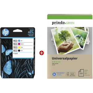 HP 953 Value Pack Noir(e) / Cyan / Magenta / Jaune Original + Prindo Green Recyclingpapier 500 Blatt