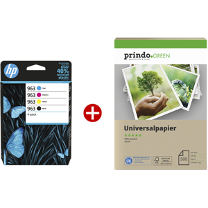 HP 963 Value Pack Noir(e) / Cyan / Magenta / Jaune Original + Prindo Green Recyclingpapier 500 Blatt