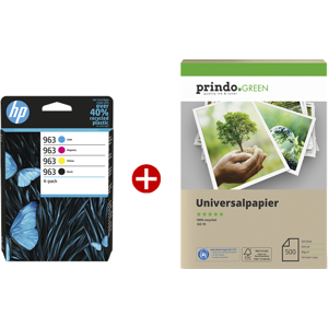 HP 963 Value Pack Noir(e) / Cyan / Magenta / Jaune Original + Prindo Green Recyclingpapier 500 Blatt