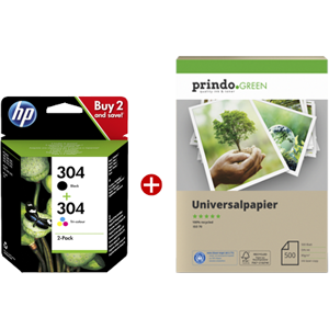 HP 304 Value Pack Noir(e) / Plusieurs couleurs Original + Prindo Green Recyclingpapier 500 Blatt