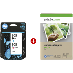 HP 305 Value Pack Noir(e) / Plusieurs couleurs Original + Prindo Green Recyclingpapier 500 Blatt