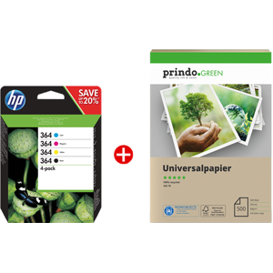 HP 364 Value Pack Noir(e) / Cyan / Magenta / Jaune Original + Prindo Green Recyclingpapier 500 Blatt