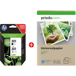 HP 301 Value Pack Noir(e) / Plusieurs couleurs Original + Prindo Green Recyclingpapier 500 Blatt