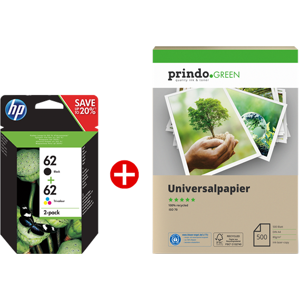 HP 62 Value Pack Noir(e) / Plusieurs couleurs Original + Prindo Green Recyclingpapier 500 Blatt
