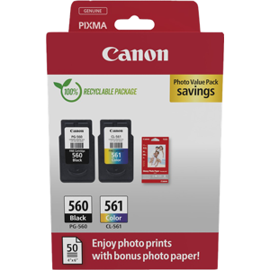 Canon + 10x15 cm Fotopapier 50 Blatt Value Pack Noir(e) / Plusieurs couleurs / Blanc Original PG-560+CL-561 - Publicité