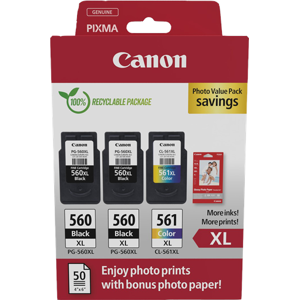 Canon + 10x15 cm Fotopapier 50 Blatt Value Pack Noir(e) / Plusieurs couleurs / Blanc Original PG-560XL+CL-561XL