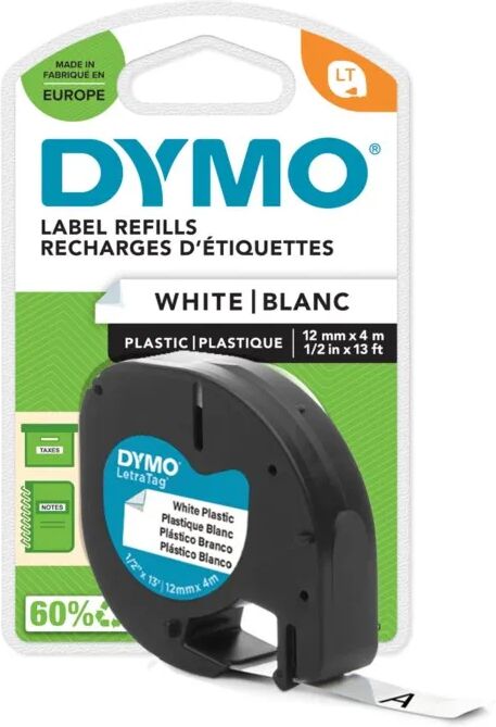 Dymo Letratag merketape av plast 12 mm Hvit