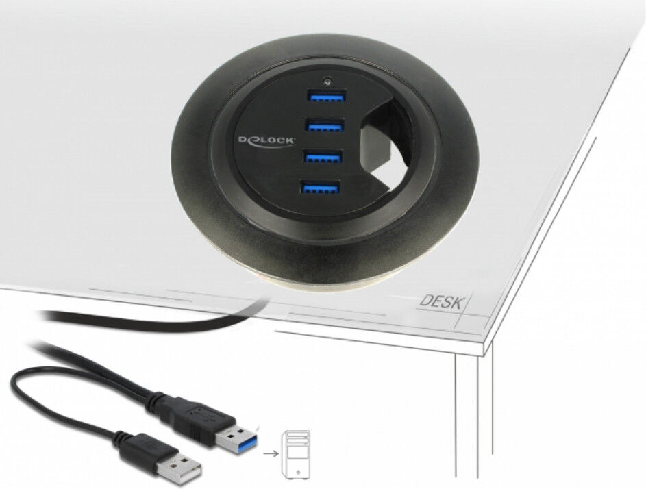 Delock Hub USB 3.0 4 porte In-Desk Diametro 6 e 8 cm