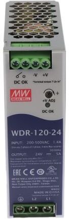 Mean Well Alimentatore a montaggio su guida DIN  WDR, 120W, 29V cc max, 5A, 1 uscite, 125.2 x 40 x 113.5mm 180 →, WDR-120-24