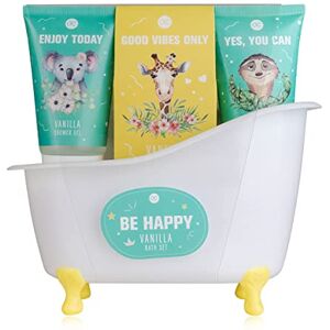 accentra Ensemble de bain et douche BE HAPPY au parfum de vanille coffret cadeau pour les femmes pour se détendre coffret cadeau et soin bien-être 5 pièces avec mini baignoire décorative blanche - Publicité