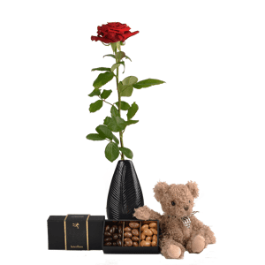 Cadeau livre en 4H : Rose rouge, Chocolats et Peluche - Interflora
