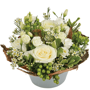 Interflora Cocon : assemblage de fleurs piquées tons vert et blanc