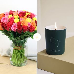 Brassee de roses multicolores et sa bougie Gemeaux  - Interflora - Livraison de fleurs