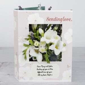 www.flowercard.co.uk Sending Love' Flowercard with White Freesias, Spray Chrysanthemum, Santini, Ornithogalum, Lavender Sprigs and Silver Wheat