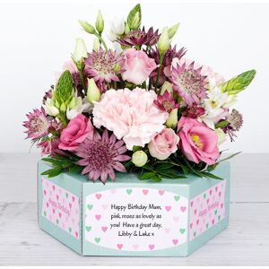 www.flowercard.co.uk Birthday Flowerbox with Roses, Lisianthus, Astrantia,Chincherinchee and Fresh Pistache