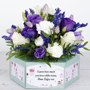 www.flowercard.co.uk White Roses, Purple Lisianthus and White Spray Carnations 3D Flowerbox