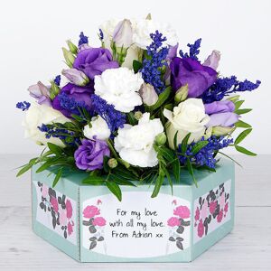 www.flowercard.co.uk Personalised Flowerbox with White Roses, Purple Lisianthus, Spray Carnations, Painted Solidago and Jewels of Pistache