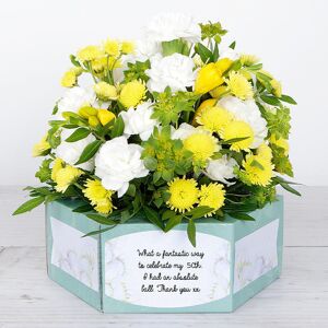 www.flowercard.co.uk 3D Flowerbox with Yellow Freesias, Carnations and Chrysanthemums