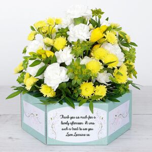 www.flowercard.co.uk Personalised Flowerbox with Yellow Freesias, Chrysanthemums, Carnations, Bupleurum and Pretty Pistache.