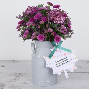 www.flowercard.co.uk Carnations, Chrysanthemums, Lilac Limonium and Fresh Eucalyptus inside Keepsake Flowerchurn