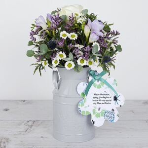 www.flowercard.co.uk Dutch Roses, Purple Freesias, Blue Eryngiums and Lilac Limonium with Eucalyptus in our Keepsake Flowerchurns