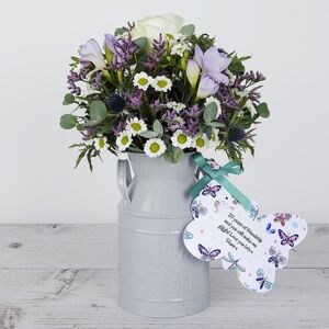 www.flowercard.co.uk Personalised Flowerchug with Roses, Freesias, Chrysanthemums, Limonium and Eucalyptus Gunnii