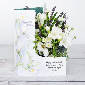 www.flowercard.co.uk 70th Birthday Flowers with White Freesias, Chrysanthemum, White Santini accented with Sprigs of Lavender and Silver Wheat