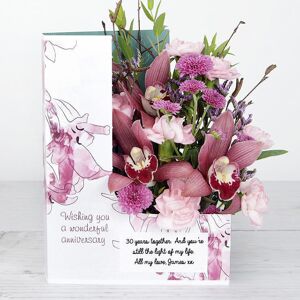 www.flowercard.co.uk Personalised Anniversary Flowers with Cymbidium Orchids, Spray Carnations, Chrysanthemums, Lilac Willow, Limonium and Eucalyptus Parvifolia