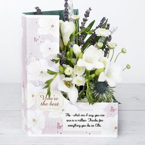 www.flowercard.co.uk You're The Best' Thank You Flowers with White Freesias, Santini, Chrysanthemum, Sprigs of Lavender and Silver Wheat