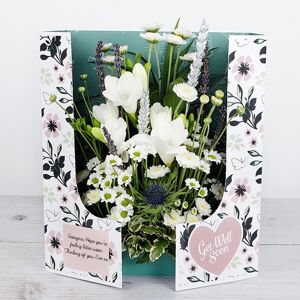 www.flowercard.co.uk White Santini and Freesias with Lavender and Silver Wheat 'Get Well Soon' Flowercard