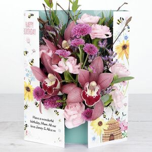 www.flowercard.co.uk Personalised Birthday Flowercard with Cymbidium Orchid, Spray Carnations, Chrysanthemums, Lilac Willow, Limonium and Eucalyptus Parvifolia