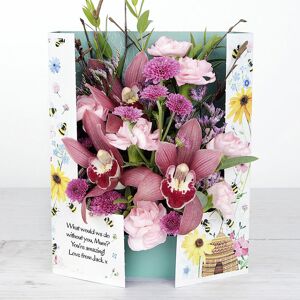 www.flowercard.co.uk Personalised Flowercard with Orchid, Spray Carnations, Chrysanthemum, Lilac Willow, Limonium and Eucalyptus Parvifolia