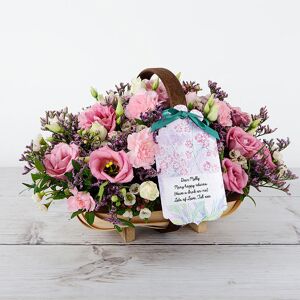www.flowercard.co.uk Personalised Flower Trug with Cream Wax Flowers, Spray Carnations, Lilac Limonium, Lisianthus and Pistache Tree Leaves