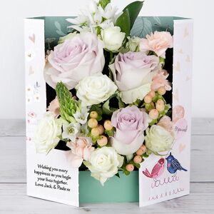 www.flowercard.co.uk Just Married' Celebration Flowers with Peach Hypericum, Tea Roses, Carnations, Eucalyptus and Ruscus