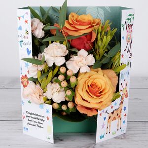 www.flowercard.co.uk New Born Congratulations Flowercard with Dutch Roses, Peach Hypericum, Spray Carnations and Eucalyptus