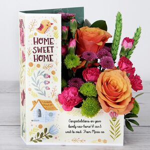 www.flowercard.co.uk Home Sweet Home' Congratulation Flowercard with Orange Roses, Lime Santini, Chrysanthemums, Spray Carnations, Lime Wheat and Ruscus