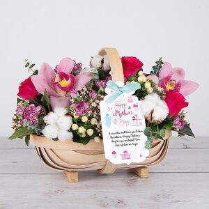 www.flowercard.co.uk Roses, Cymbidium Orchids, Cream Hypericum, Cotton Heads, Eucalyptus inside our Keepsake trugs