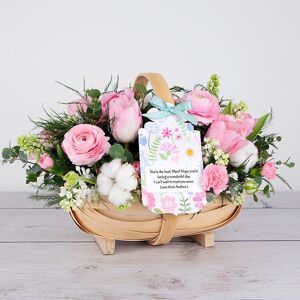 www.flowercard.co.uk Mother's Day Flower Trug with Pink Ranunculus, Pink Tulips, Cotton Heads, Spray Carnations, Eucalyptus and Tree Fern