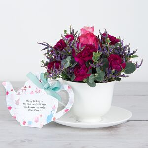 www.flowercard.co.uk Deep Water Rose, Spray Carnations, Lilac Limonium and Eucalyptus Gunnii inside Bone China Teacup and Saucer